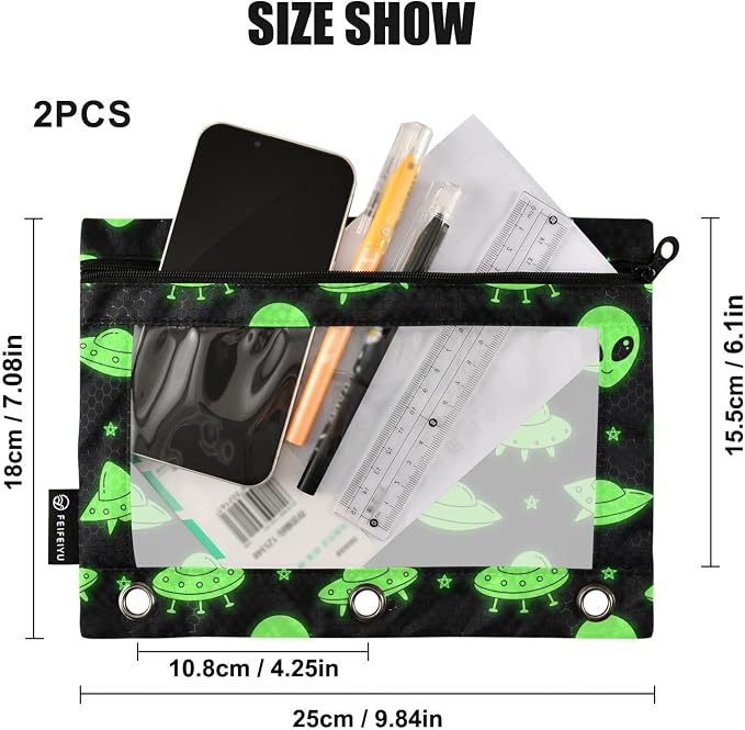Alien UFO Pencil Pouches for 3 Ring Binder, Zipper Binder Pencil Case, 2 Pack Clear Window Case Bag for Office Organizers