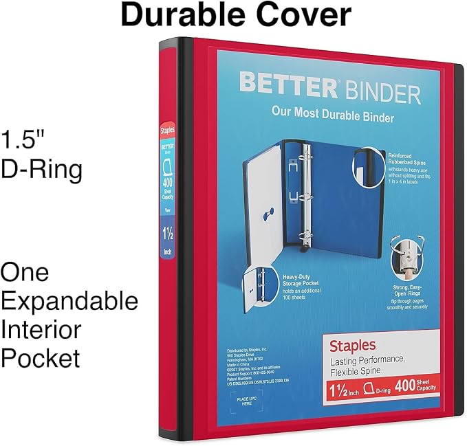 Staples Better Binder 1.5-Inch D-Ring View Binder, Reinforced Spine, Holds Up to 350 Sheets, Red, for Office & School