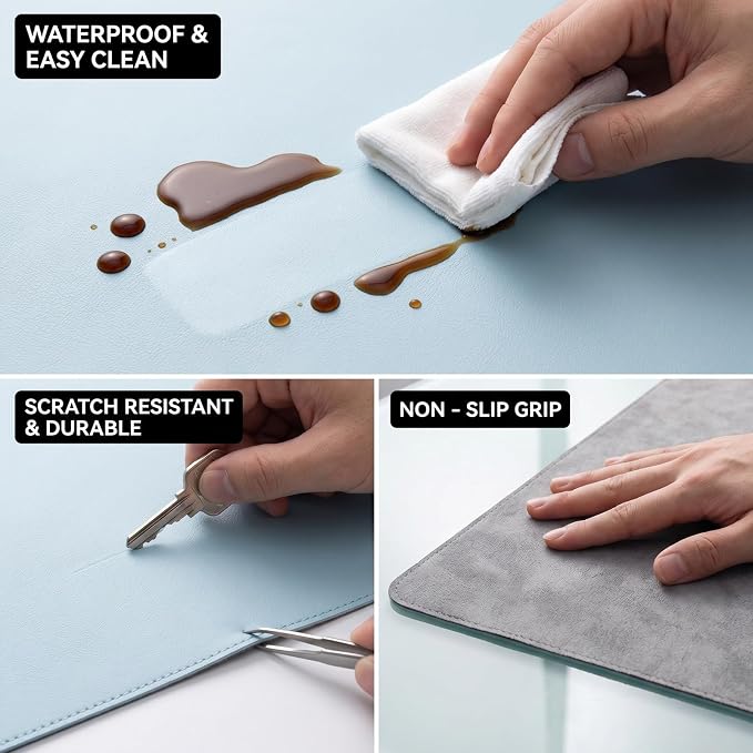 Desk Mat, Office Writing Desk Pad, Large 26'' x 35.85'' Blue, for Top of Desks, Computer Desk Cover Protector PU Leather