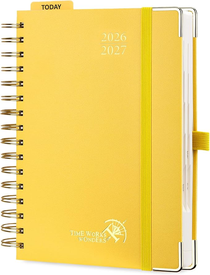 POPRUN 2026-2027 Daily Planner One Page Per Day, 5.75" x 8.5", Academic Daily Calendar Book with July 2026 to June 2027, Hardcover Appointment Book with Hourly Time Slots, Spiral Bound, Monthly Tabs - Light Yellow