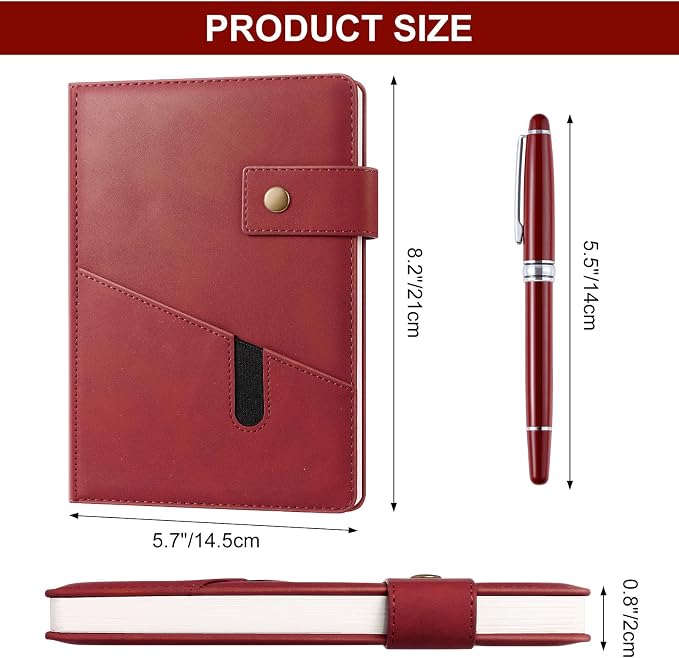 A5 Leather Journal Notebook with Pen, 200 Pages Hardcover Journal with Pocket, 100gsm Thick Lined Paper Daily Diary for Men and Women, Great Gift for Business School Travel Personal - Red