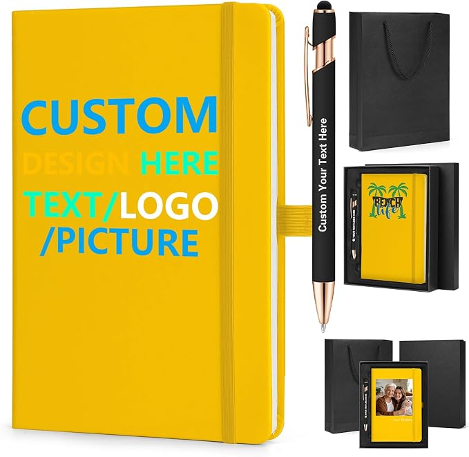 ENOMY Personalized Notebook Writing Set A5 Journal PU Leather Custom Notebook 200 Lined Pages Business Notebook with Metal Pen Gift Box for Holiday College Birthday Business Gift, Yellow