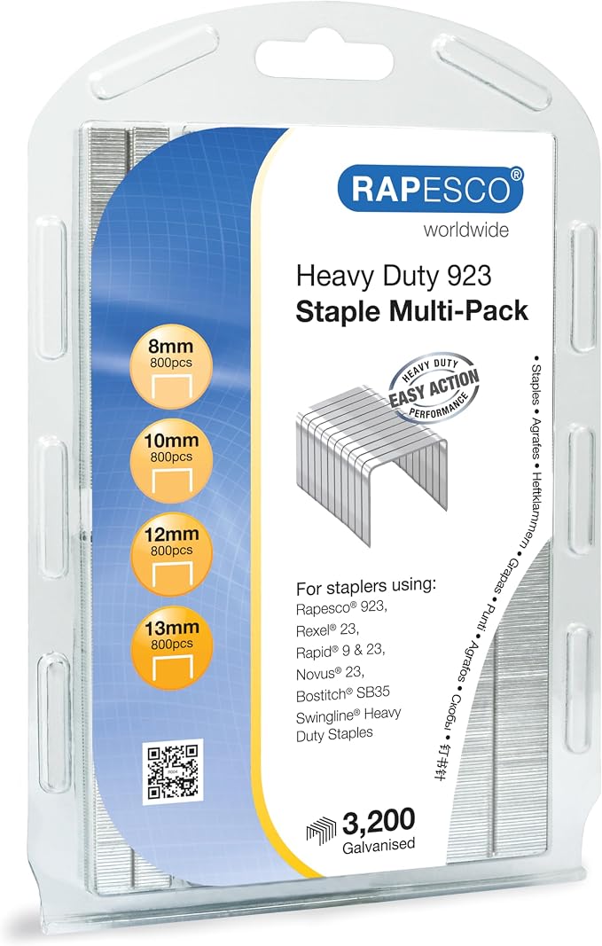 Rapesco 1461 ECO Heavy-Duty Stapler with 3200 Assorted Staples, Type 923 Heavy-Duty Staples (8/10/12/13mm), 100 Sheet Capacity, for Office, Business Proposals, School, Research Papers, White | 100 Sheet Capacity, Soft White