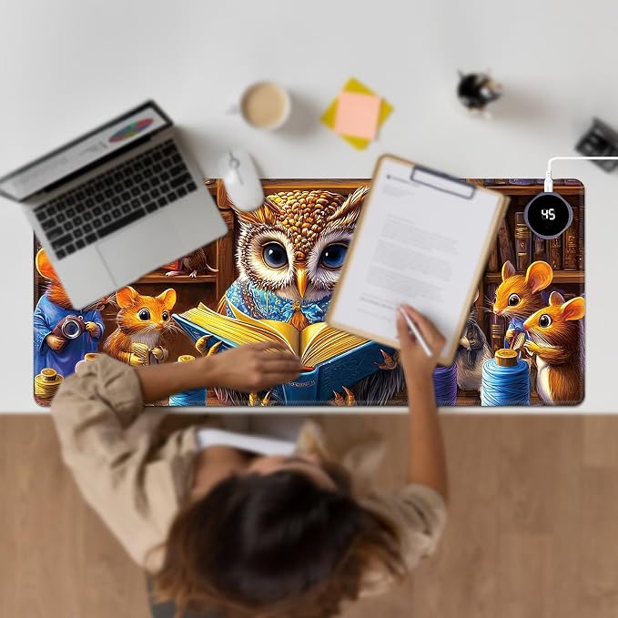 Heated Desk Pad Large Mouse Pad 31.5 x 13 inch with 3 Levels Heating & Auto Shut-Off Warm Mouse pad PU Leather Computer Mousepad for Home Office Work - Owl Book