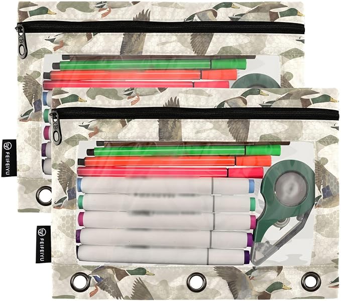 ALAZA Wild Duck Camouflage Pencil Pouch for 3 Ring Binder 2 Pack Zipper Binder Pencil Bag Case with Clear Window Office Supplies