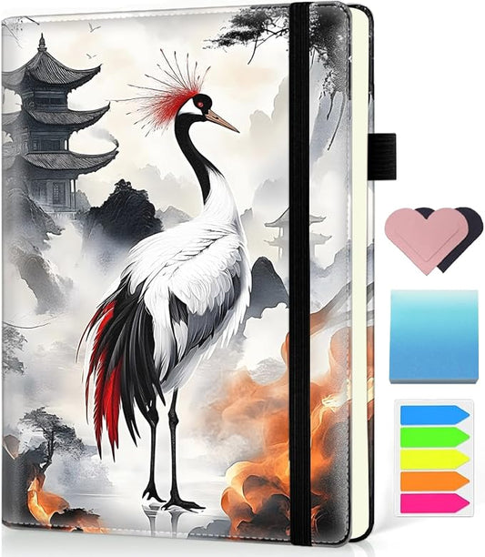 Hardcover Executive Notebooks, A5 PU Leather Lined Journal Notebook, 200 Pages Thick Paper Subject Notebooks for School,Work,Home Writing Business Notebook,White Crane Watercolor Painting