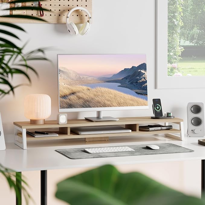Fenge Dual Monitor Riser for Desk, Open Shelf with 3 Storage Compartments | 42.5in Computer Monitor Stand, 2-Tier Desk Shelf for Top of Desk,One-Piece Panel, fit Ultrawide Monitor, PC, Laptop, Oak