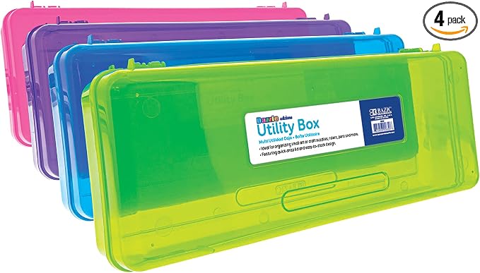 BAZIC PRODUCTS Bright Color Ruler-Length Pencil Box, 4-Set | 13 3/8 x 5 3/8 x 2 1/2 in, snap-latch lid for long supplies