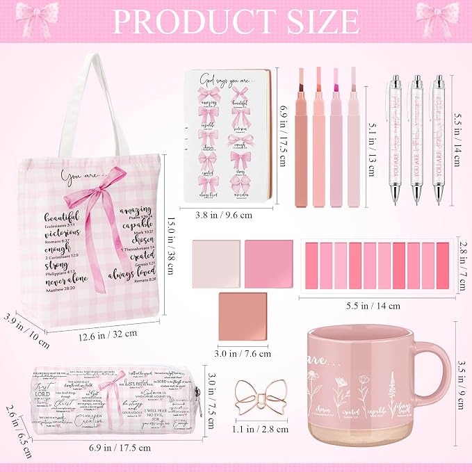 Reallnaive 25 Pcs Bible Journaling Supplies for Women, Bible Study Kit with Notebook Mug Tote Bag Pouch Pens Highlighter Sticky Notes Pink Christian Gift for Teen Girl, Teacher, Back to School