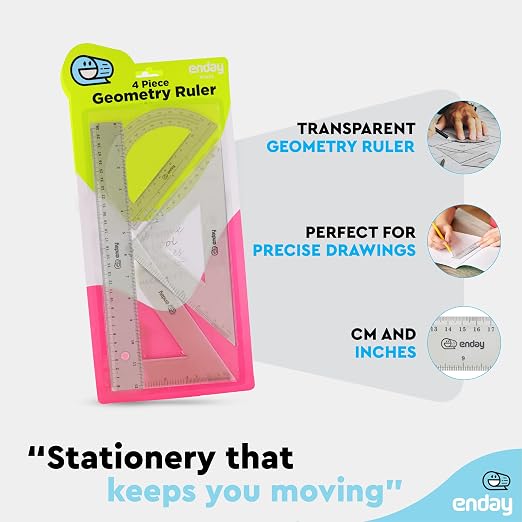 Geometry Plastic Ruler Set, Clear 12 inch/ 30 cm Straight Ruler, Triangle Rulers, Protractor Ruler Tool Set, Transparent School and Office Supplies Math Rulers for Kids and Adults, Set of 4 – By Enday