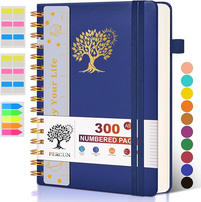 PERCUN Spiral Notebook 300 Numbered Lined Pages Hardcover Journal 5.9"x8.5" | College Ruled Spiral Bound Notebook with Tabs, A5 Leather Journal for Women Men, Work, School, Travel, Writing & Note Taking