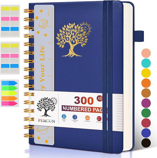 PERCUN Spiral Notebook 300 Numbered Lined Pages Hardcover Journal 5.9"x8.5" | College Ruled Spiral Bound Notebook with Tabs, A5 Leather Journal for Women Men, Work, School, Travel, Writing & Note Taking