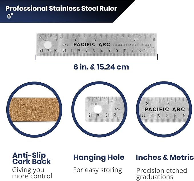 2 Pack | Pacific Arc Stainless Steel 6 Inch Metal Ruler Non-Slip Cork Back, with Inch and Metric Graduations