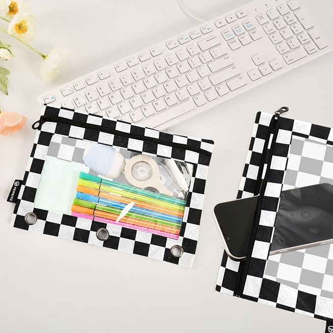 Gredecor 3 Ring Binder Pencil Pouch, Plaid Check Checkered Plaid Zippered Pen Case Pouches with Clear Window, 2 Pack Stylish Office & School Supplie