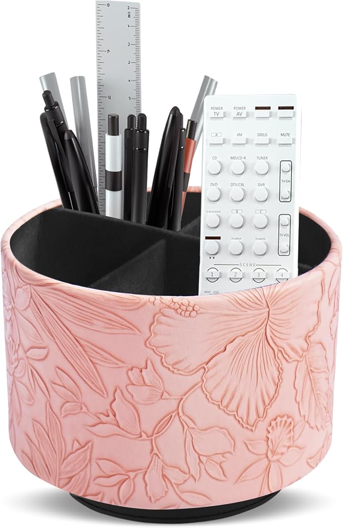 Round Leather Art Supply Organizer,Remote Control Holder,360 Degree Spinning,Multi-Functional Pencil Holder,4 Compartments Desktop Stationary Organizer(1-Carved Pink)