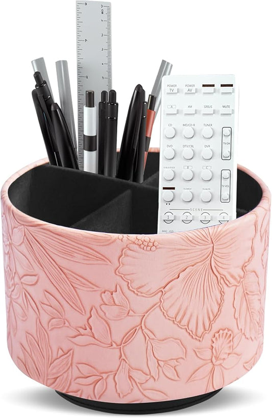 Round Leather Art Supply Organizer,Remote Control Holder,360 Degree Spinning,Multi-Functional Pencil Holder,4 Compartments Desktop Stationary Organizer(1-Carved Pink)