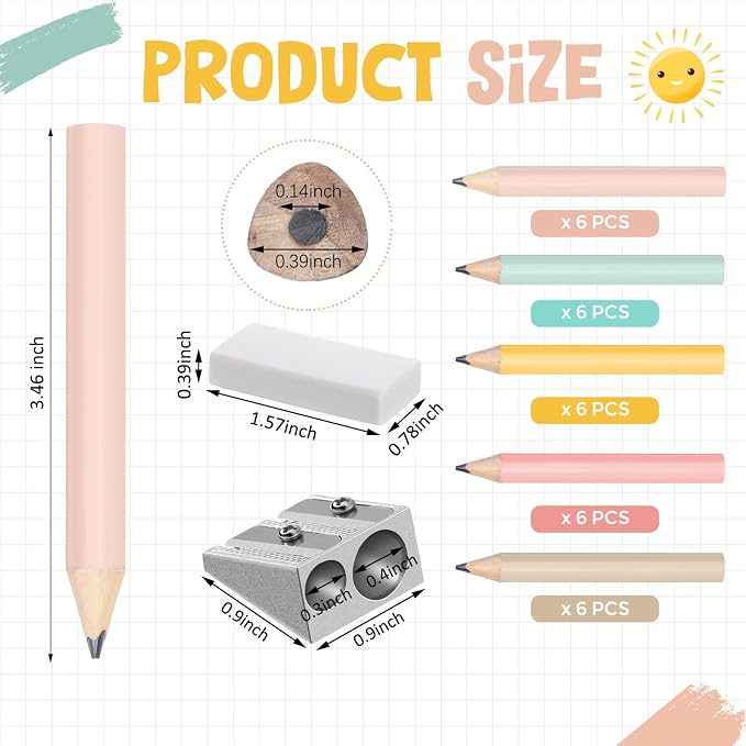 Marspark 30 Pcs Short Triangular Fat Pencils Bulk First Day of School 3.5 Inch Wooden Jumbo Pencils with Sharpener and 2 Erasers for Preschoolers, Kindergarten, Toddlers, Beginners(Lively Colors)