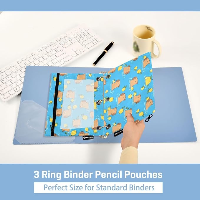 Emelivor Capybara Lemon Blue Pencil Pouch for 3 Ring Binder 2 Pack Binder Pencil Pouches Zippered Clear Pencil Case Cosmetic Bag for Office Work College Home Supplies