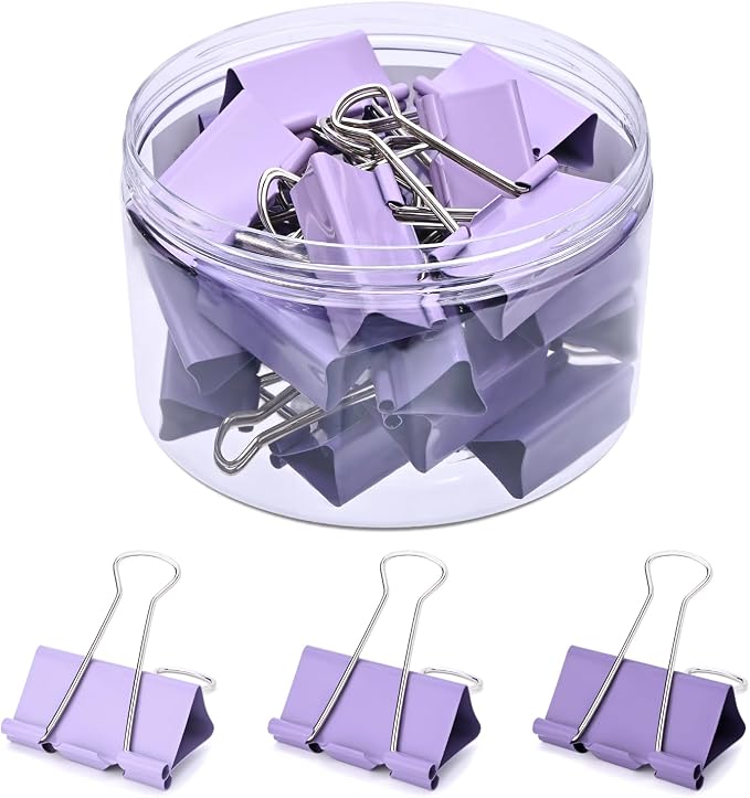 Temiary Aesthetic Binder Clips, Large Metal Binder Clip with Clear Storage Container, Binding Paperwork Clamps for School Teachers Office Supplies (Purple 1.6 Inch, 24P)