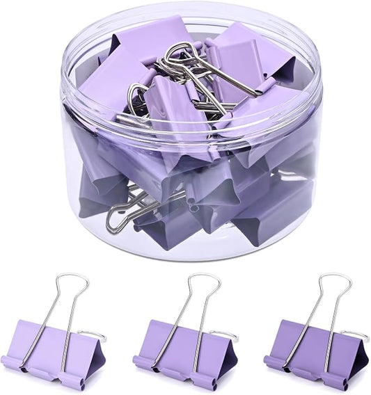 Temiary Aesthetic Binder Clips, Large Metal Binder Clip with Clear Storage Container, Binding Paperwork Clamps for School Teachers Office Supplies (Purple 1.6 Inch, 24P)