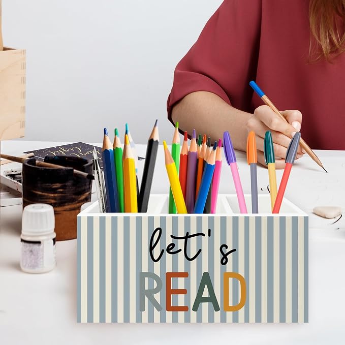 Reading Room Decor Pen Pencil Holder Organizer for Desk, Let's Read Boho Classroom Wooden Box Signs Decorations for Reading Corner Nook Room Library Desk Tabletop, Book Lover Reader Gifts