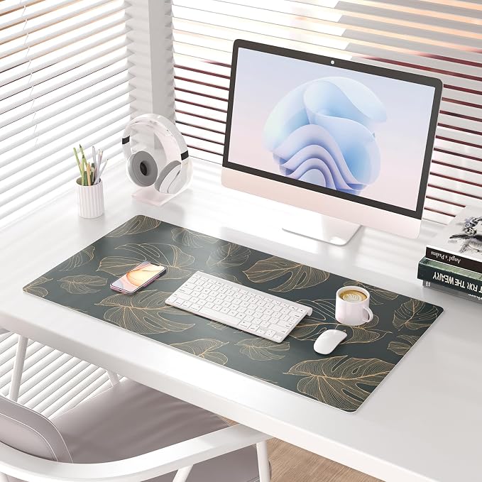 Colorful Star Monstera Leaves PU Leather Desk Mat, 31.5" x 15.7" | Large Waterproof Non-Slip Gaming Mouse Pad, XXL PC Laptop Protector Pads, Desk Writing Pads for Office Home