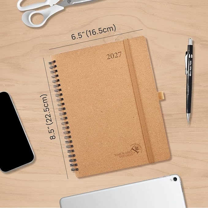 POPRUN 2027 Planner, 6.5''x8.5'' Recycled Paper Weekly and Monthly Calendar | Daily Calendar Book with Italian Regenrated Leather, Appointment Book with Hourly Time Slots, Pen Holder - Desert Brown
