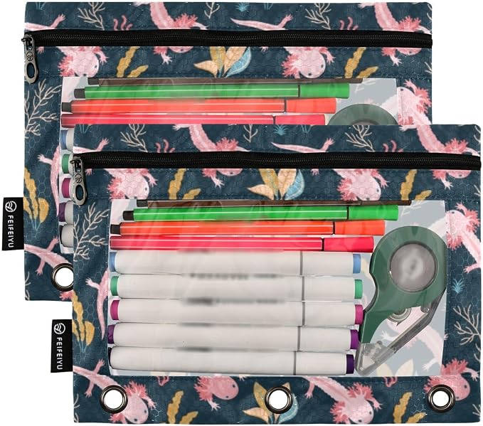 Axolotl Pencil Pouches for 3 Ring Binder 2 Pack | Binder Pencil Case With Zipper Reinforced GrommetsPencil Bags for Office Organizers