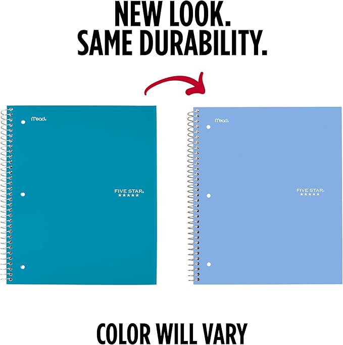 Five Star Spiral Notebook + Study App, 5 Subject, Wide Ruled Paper, 8" x 10-1/2", 200 Sheets, Fights Ink Bleed, Water Resistant Cover, Tidewater Blue (73196)