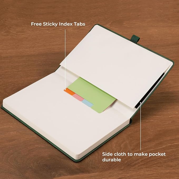 AHGXG Lined Journal Notebook, 192 Numbered Pages, A5 Size (5.7'' x 8.3'') | for Men & Women, Journaling, Writing, Work & Office, Leather Hardcover, 100 GSM Thick Paper (Dark green)