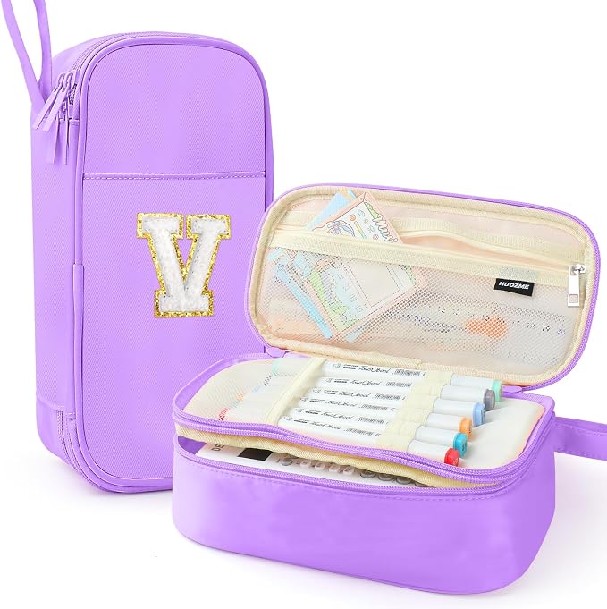Cute Large Pencil Case Pouch,Personalized Initial Pencil Bag for Girls Boy | Multiple Pockets With Smooth Dual-Zipper, Big Capacity Aesthetic Pen Case Bag For Kids College Art School Gift