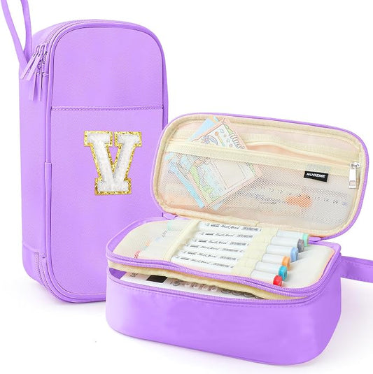 Cute Large Pencil Case Pouch,Personalized Initial Pencil Bag for Girls Boy | Multiple Pockets With Smooth Dual-Zipper, Big Capacity Aesthetic Pen Case Bag For Kids College Art School Gift