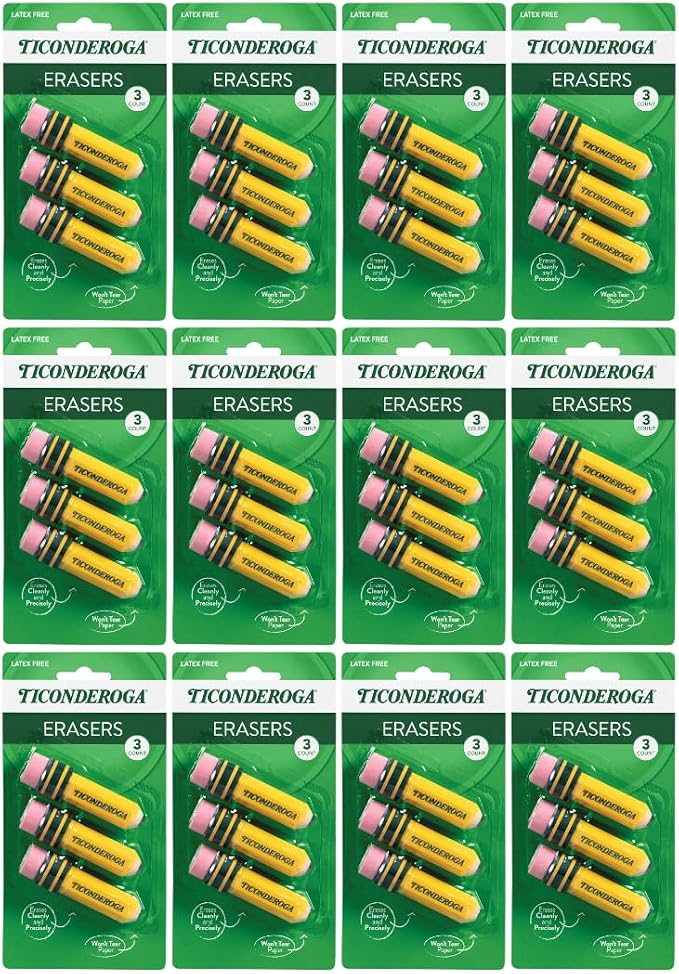 Ticonderoga Pencil Shaped Erasers, 3 Erasers/Pack, 12 Packs | Yellow, 0.75" x 2.875", #38953