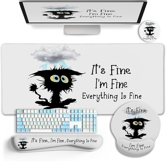 LIMKRIAN Large Gaming Mouse Pad Desk Mat Set, Funny Black Cat Desk Decor | Ergonomic Gel Wrist Rest, Computer Keyboard Mat Memory Foam Wrist Support, Coaster, Home Office Desk Accessories Supplies