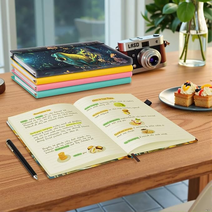 Hardcover Executive Notebooks, A5 PU Leather Lined Journal Notebook, 200 Pages Thick Paper Subject Notebooks for School,Work,Home Writing Business Notebook, Diary Book, Green Frog