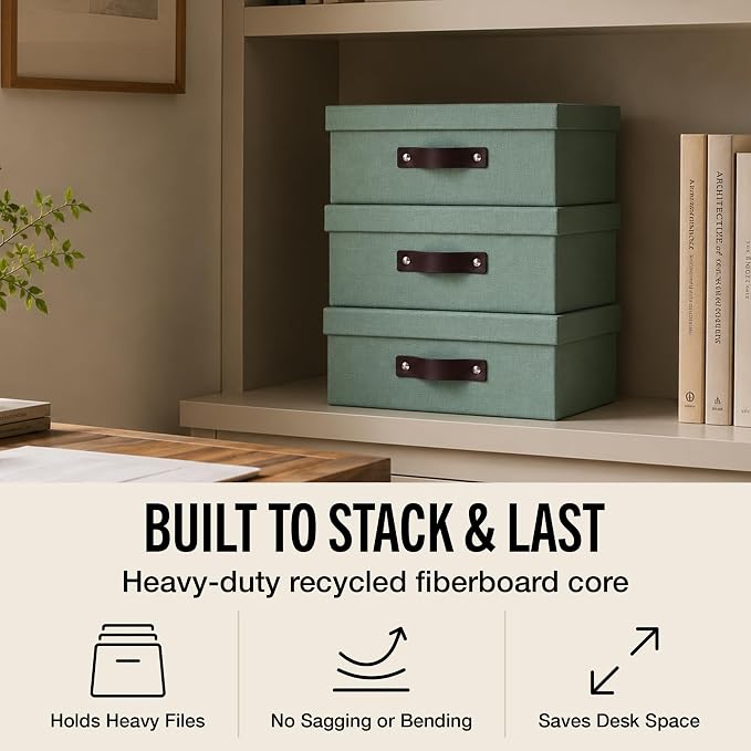 Bigso Oskar Canvas Fiberboard Document Letter Box for Important Paperwork A4 or Letter Size - Durable Keepsake Box with Lid and Leather Handle - 3.3in x 10.2in x 13.8in - Soft Teal