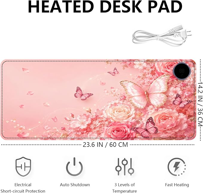Large Heated Mouse Pad–23.6" x 14.2" Desk Mat for Office | 3 Adjustable Heat Levels,Auto Shut-Off After 3 Hours for Safety,Keeps Hands Warm While Working，Pink butterfly