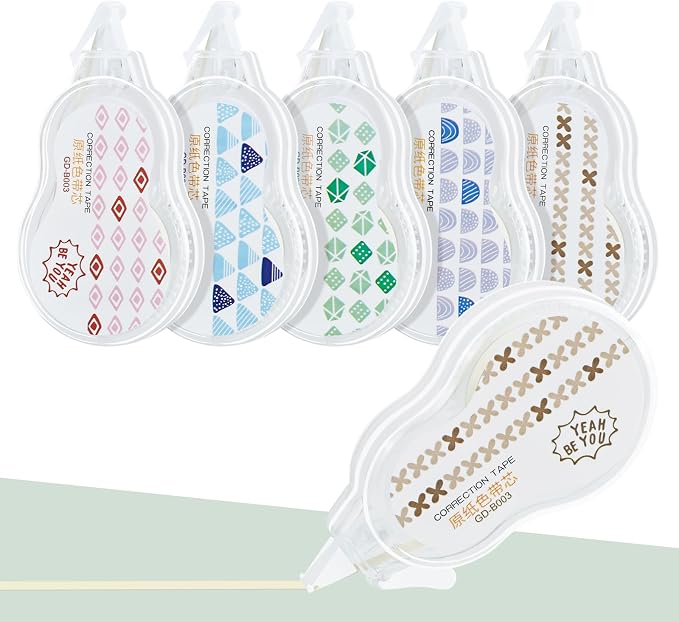 Temiary 5 Pcs Aesthetic Beige Correction Tape, Smooth Glide Quick Dry Tapes for Instant Corrections, Easy to Use White Tape Out Applicator Set for Office Note Taking, Journaling (Abstract Patterns)
