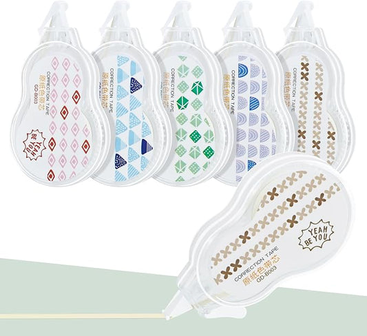 Temiary 5 Pcs Aesthetic Beige Correction Tape, Smooth Glide Quick Dry Tapes for Instant Corrections, Easy to Use White Tape Out Applicator Set for Office Note Taking, Journaling (Abstract Patterns)