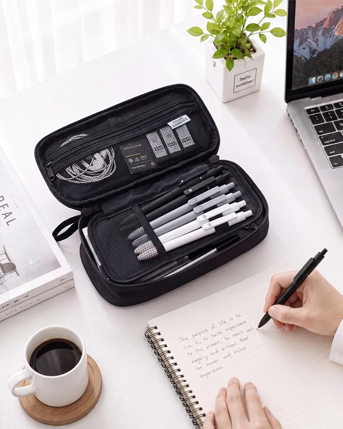 Four Candies Large Pencil Case, 5 Compartments Pen Organizer, Big Capacity Canvas Pencil Pouch Bag for School Supplies, Portable Stationery Holder for Teen Girls, Women (Black)