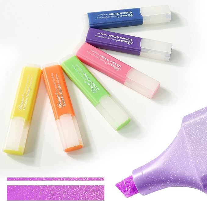 Glitter Highlighters, 6 Assorted Colors Quick-Dry Chisel Tip | Metallic Shimmer Finish | Water-Based for Journaling, Studying & Creative Projects