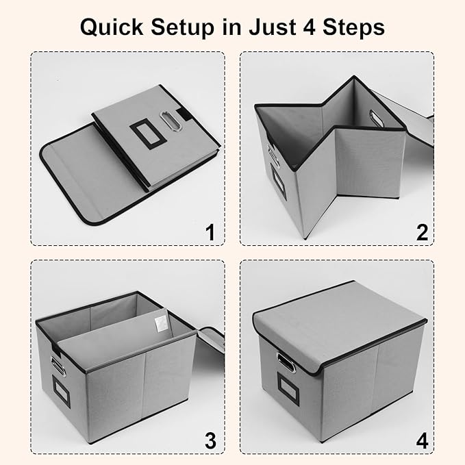File Storage Box with Lid, 15.55x12.87x10.43 Inches, Foldable Organizer with Handles & Label Slot, for File Storage, Home, Office, and Closet Organization(2 Packs, Grey)