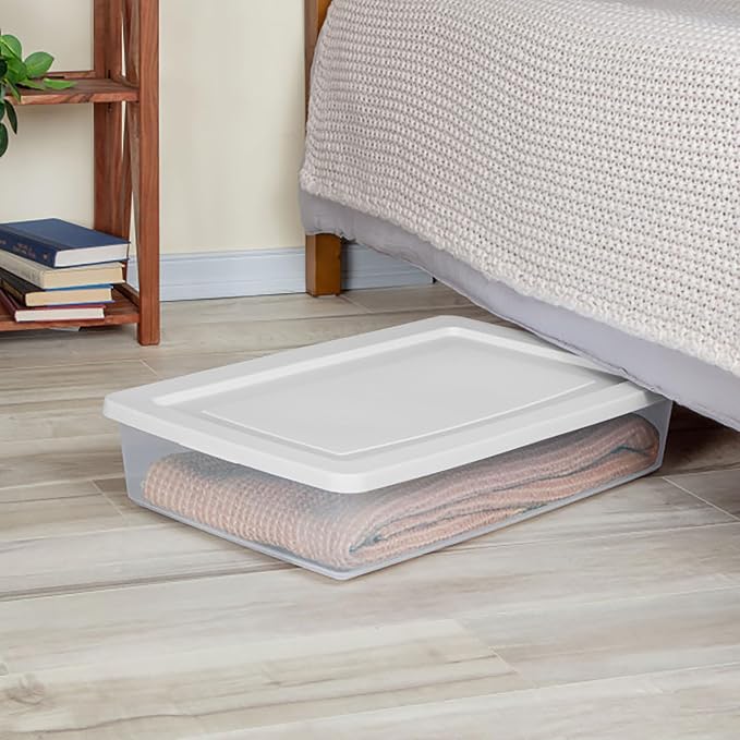 Sterilite 41 Qt Underbed Storage Box, Stackable Bin with Lid, Plastic Container to Organize Bedroom, Clear Base and White Lid, (Pack of 6)