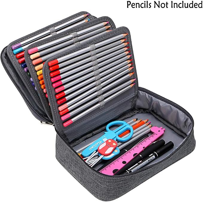 BTSKY® High Capacity Zipper Pens Pencil Case- Multi-Functional Stationery Pencil Pouch 72 Slots Colored Pencil Case Portable Pencil Bags With 2 Removable Sleeves Grey