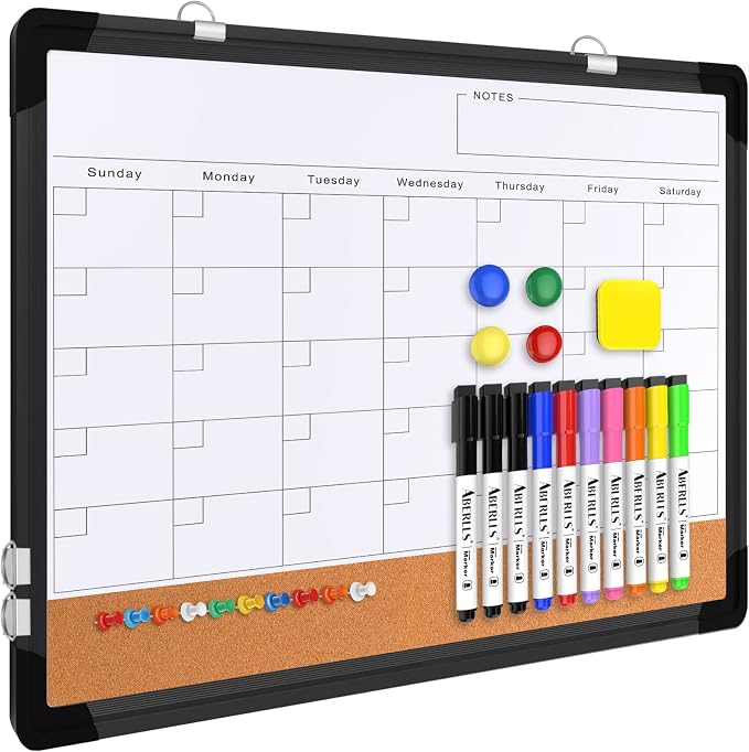 Monthly Calendar Whiteboard for Wall, 17x13 Inches Dry Erase Board with Cork Board Combo, Small Magnetic White Board, Double-Sided Hanging Portable Board for Office School Home Kitchen Planner, Black