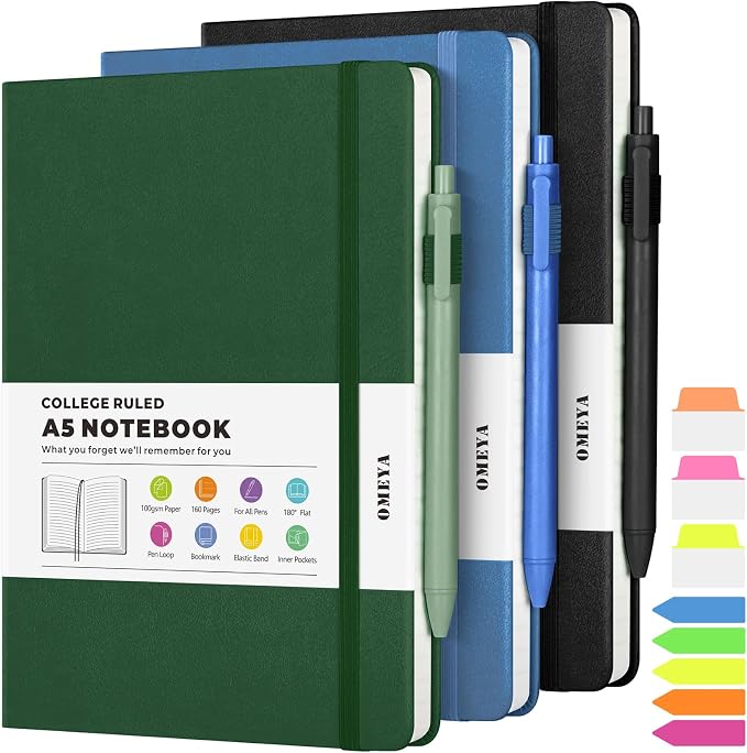 OMEYA A5 Hardcover Notebooks for Work: 3 Pack, 100gsm Paper, 160 Pages Each | College-Ruled, 5.75" x 8.38", PU Leather Hardcover, 3 Pens, 2 Inner Pockets, 180° Lay-Flat, For Business, School