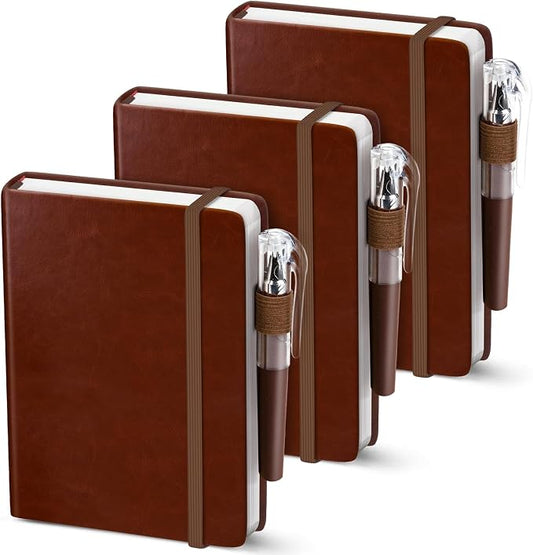 Oucaru Small Notebook College Ruled, 3 Pack (Brown) 3.7x5.7 in Pocket Notebook Journaling Notebooks Mini Hardcover Lined Note Pads with Pens for Work Business Travel and Office Supplies