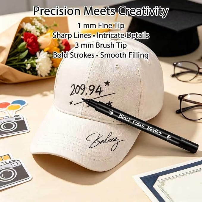 5pcs Fabric Markers Permanent Paint Pens for White Clothes, Bleed Proof, Water Resistant, No Fade, Quick Dry Professional Dual Tip Pens DIY for Canvas, Cover Stains, Clothing, Black
