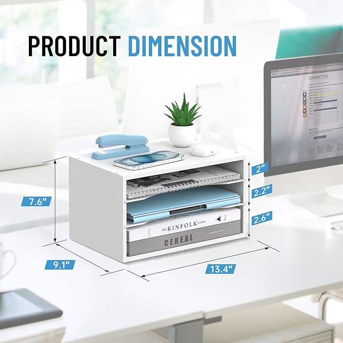 3-Tier Paper Organizer for Desk, Adjustable Mail Organizer, White | 3-Tier Paper Organizer and Mail Organizer for Desk with Adjustable Shelves for Letter Size Files Folders and Office Supplies