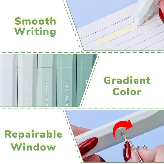 Temiary 5Pcs Beige Correction Tape, Cream Core Pull Out White Tape, Green | 0.19 In × 19.6 Ft, Smooth Aesthetic Applicator for Wrong Writing School Office Supplies